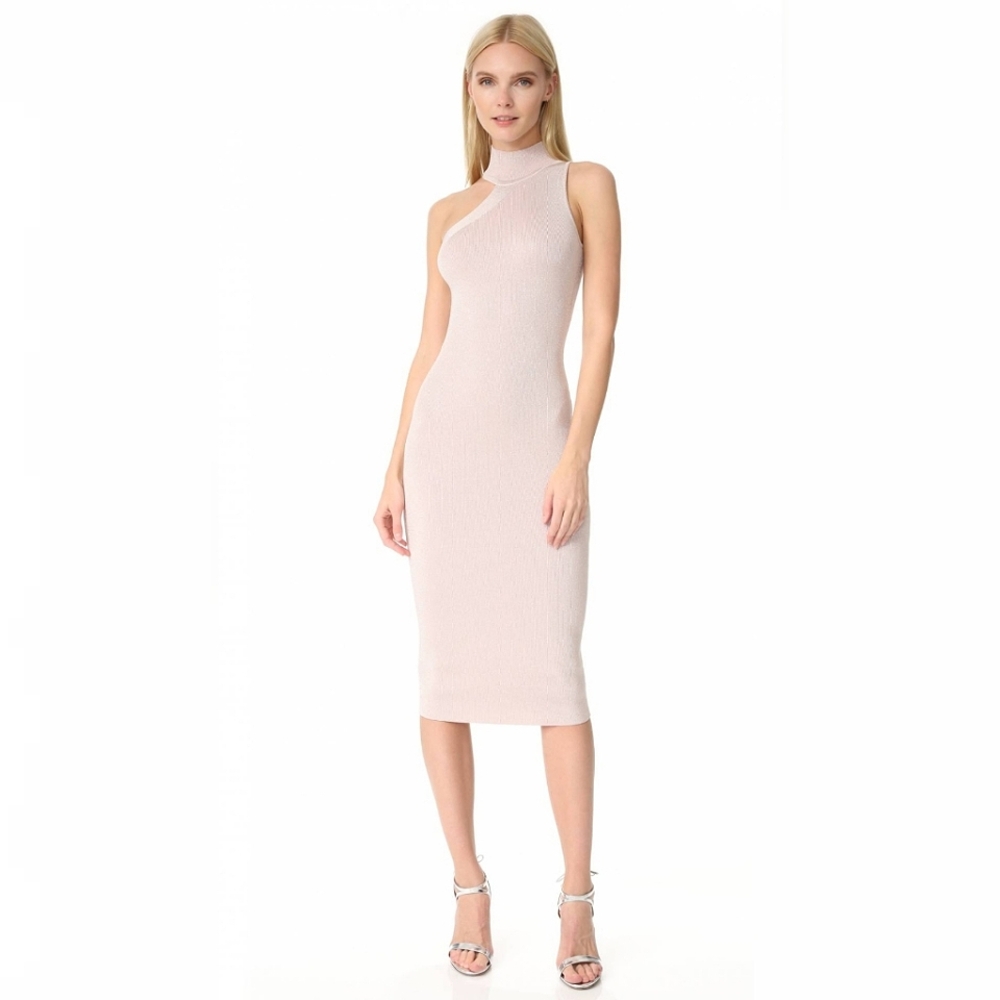 Cushnie et Ochs Metallic Ribbed Stretch Knit Mock Neck Dress Pink Small Event